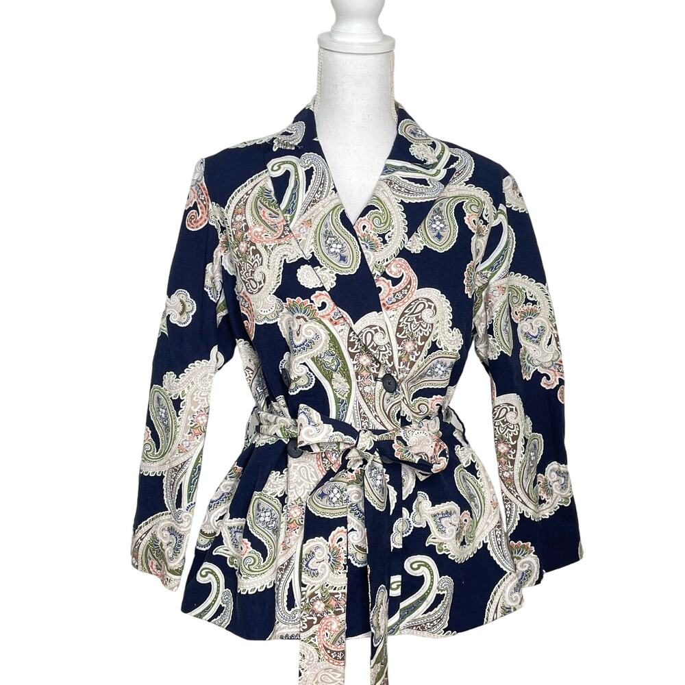 YALY Couture Women's 100% Linen Navy Paisley Belted Preppy Blazer Jacket Size M